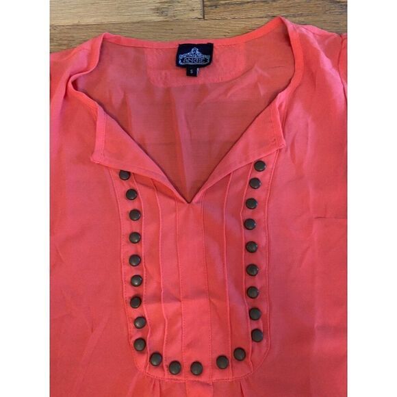 Angie Women's sheer Coral Blouse With Studded Front v-neck & 3/4 Sleeves Small - Picture 4 of 9